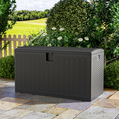 Waterproof Plastic Garden Storage Box Rattan Effect  Large Outdoor Garden Storage Box,Black,375 L