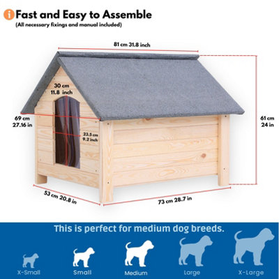 Waterproof Wooden Dog Kennel Outdoor (61x53x73cm) - Small & Medium Outdoor Dog House with Elevated Floor - PVC Curtain Entrance - 3