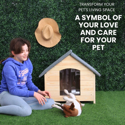 Waterproof Wooden Dog Kennel Outdoor (61x53x73cm) - Small & Medium Outdoor Dog House with Elevated Floor - PVC Curtain Entrance - 6