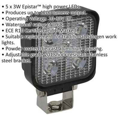 Waterproof Work Light & Mounting Bracket -15W SMD LED - 83mm Square Flash Torch