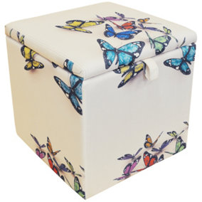 Watsons Butterfly  Square Storage Ottoman Stool  Blanket Box Cube  Cream  Multi