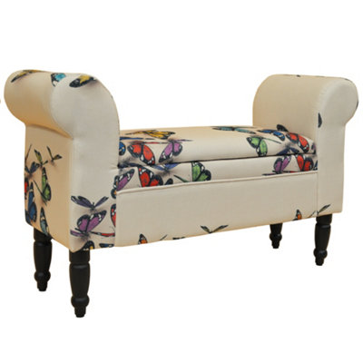 Watsons Butterfly  Storage Ottoman Chaise Pouffe Stool  Wood Legs  Cream  Multi