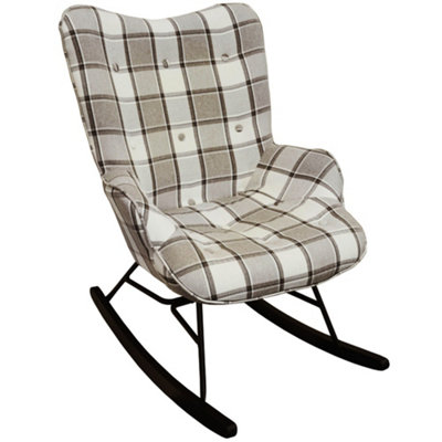 Watsons Check  Wing Back Rocking  Nursing Chair With Checked Tartan Fabric  Grey  White  Black