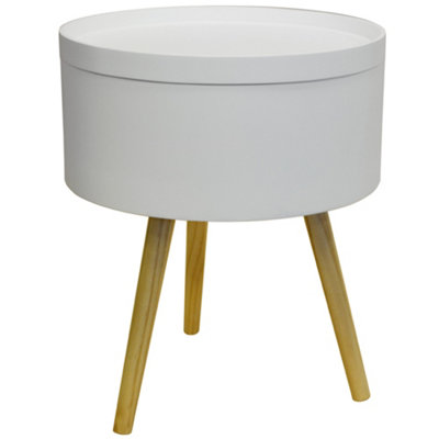 Watsons Drum  Retro Wood Tray Top End Table  Bedside Table  White  Natural