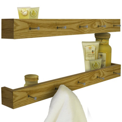 Watsons Ellis  2 Pack   Wall Mounted 80cm Floating Shelf With 5 Hooks   Oak