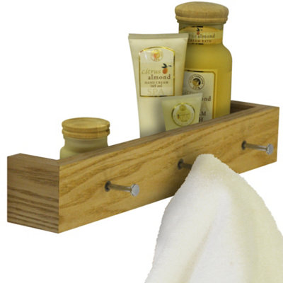 Watsons Ellis  Wood Wall Mounted 40cm Floating Shelf With 3 Hooks  Oak