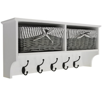 Watsons Hallway  Wall Storage Shelf With 2 Baskets And 5 Coat Hooks  White  Grey