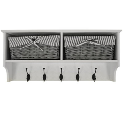 Watsons Hallway  Wall Storage Shelf With 2 Baskets And 5 Coat Hooks  White  Grey