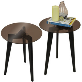 Watsons Luna  Pack Of Two  Retro Solid Wood Tripod Leg And Round Glass End  Side Table  Black  Tinted