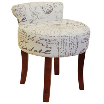 Watsons Lyon  Low Back Chair  Padded Stool With Retro French Print And Wood Legs  Cream  Brown