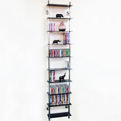 Watsons Maxwell  Wall Mounted 10 Tier Glass 300 Cd  200 Dvds  Bluray Storage Shelf  Black