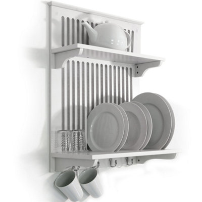 Watsons Novel Kitchen Plate Bowl Cup Display Wall Rack Shelves With Hooks White