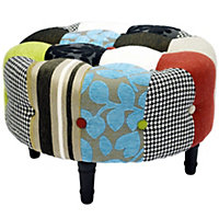 Watsons Plush Patchwork  Round Pouffe Padded Footstool With Wood Legs  Blue  Green  Red