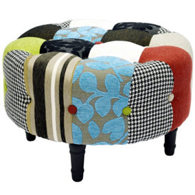 Watsons Plush Patchwork  Round Pouffe Padded Footstool With Wood Legs  Blue  Green  Red