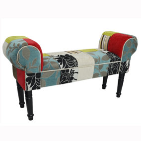 Watsons Plush Patchwork  Shabby Chic Chaise Pouffe Stool  Wood Legs  Blue  Green  Red