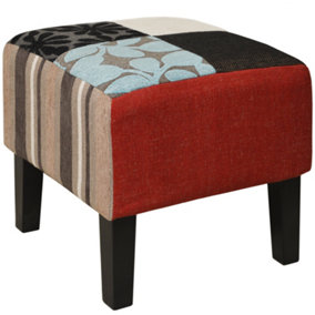 Watsons Plush Patchwork  Shabby Chic Square Pouffe Stool  Wood Legs  Blue  Green  Red