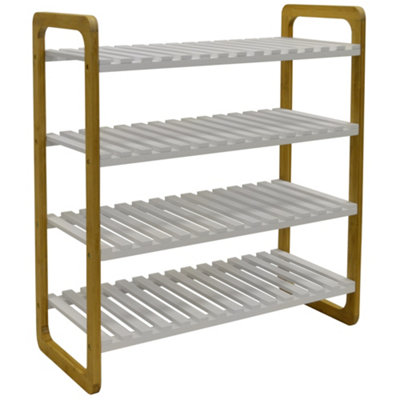 Watsons Slats  4 Shelf 16 Pair Shoe Storage Rack  White  Natural