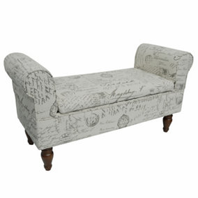 Watsons Storage Ottoman Bench  Padded Seat With Retro French Print And Wood Legs  Cream  Brown