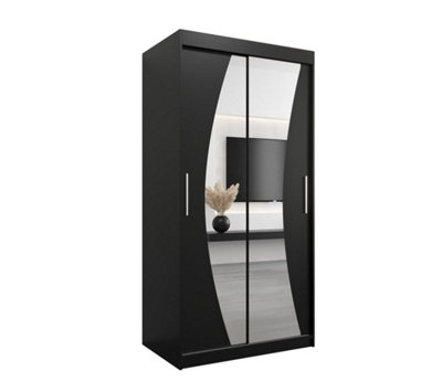 Wave Contemporary 2 Mirrored Sliding Door Wardrobe 5 Shelves 2 Rails Black Matt (H)2000mm (W)1000mm (D)620mm