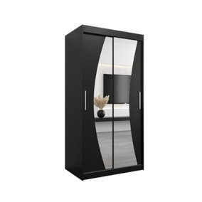 Wave Contemporary 2 Mirrored Sliding Door Wardrobe 5 Shelves 2 Rails Black Matt (H)2000mm (W)1000mm (D)620mm