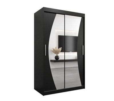 Wave Contemporary 2 Mirrored Sliding Door Wardrobe 5 Shelves 2 Rails Black Matt (H)2000mm (W)1200mm (D)620mm