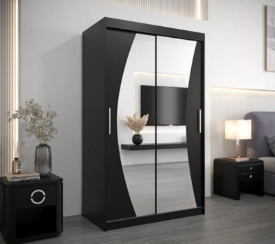 Wave Contemporary 2 Mirrored Sliding Door Wardrobe 5 Shelves 2 Rails Black Matt (H)2000mm (W)1200mm (D)620mm