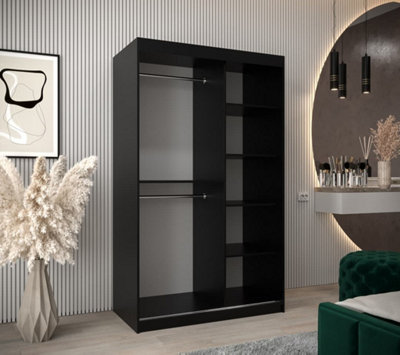 Wave Contemporary 2 Mirrored Sliding Door Wardrobe 5 Shelves 2 Rails Black Matt (H)2000mm (W)1200mm (D)620mm