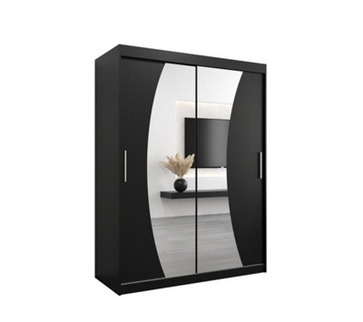 Wave Contemporary 2 Mirrored Sliding Door Wardrobe 5 Shelves 2 Rails Black Matt (H)2000mm (W)1500mm (D)620mm