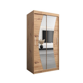 Wave Contemporary 2 Mirrored Sliding Door Wardrobe 5 Shelves 2 Rails Oak Artisan Effect (H)2000mm (W)1000mm (D)620mm