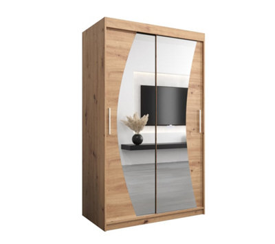 Wave Contemporary 2 Mirrored Sliding Door Wardrobe 5 Shelves 2 Rails Oak Artisan Effect (H)2000mm (W)1200mm (D)620mm