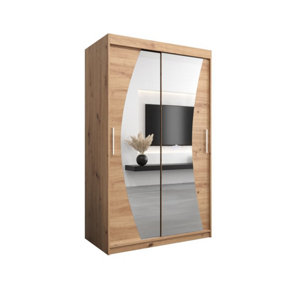 Wave Contemporary 2 Mirrored Sliding Door Wardrobe 5 Shelves 2 Rails Oak Artisan Effect (H)2000mm (W)1200mm (D)620mm