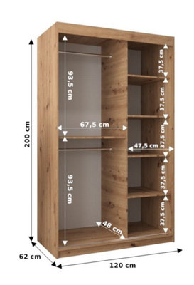 Wave Contemporary 2 Mirrored Sliding Door Wardrobe 5 Shelves 2 Rails Oak Artisan Effect (H)2000mm (W)1200mm (D)620mm