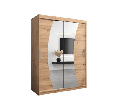 Wave Contemporary 2 Mirrored Sliding Door Wardrobe 5 Shelves 2 Rails Oak Artisan Effect (H)2000mm (W)1500mm (D)620mm