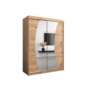 Wave Contemporary 2 Mirrored Sliding Door Wardrobe 5 Shelves 2 Rails Oak Artisan Effect (H)2000mm (W)1500mm (D)620mm