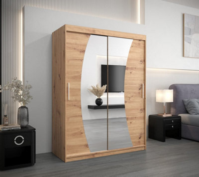 Wave Contemporary 2 Mirrored Sliding Door Wardrobe 5 Shelves 2 Rails Oak Artisan Effect (H)2000mm (W)1500mm (D)620mm