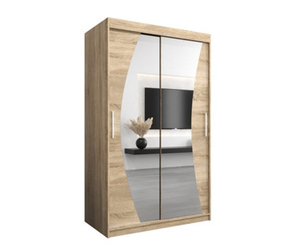 Wave Contemporary 2 Mirrored Sliding Door Wardrobe 5 Shelves 2 Rails Oak Sonoma Effect (H)2000mm (W)1200mm (D)620mm