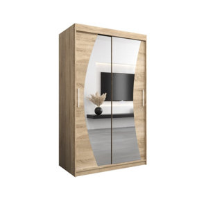 Wave Contemporary 2 Mirrored Sliding Door Wardrobe 5 Shelves 2 Rails Oak Sonoma Effect (H)2000mm (W)1200mm (D)620mm