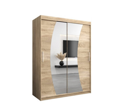 Wave Contemporary 2 Mirrored Sliding Door Wardrobe 5 Shelves 2 Rails Oak Sonoma Effect (H)2000mm (W)1500mm (D)620mm