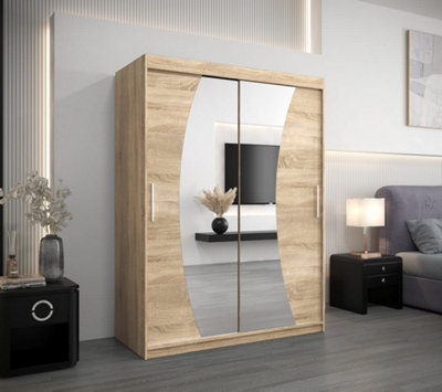 Wave Contemporary 2 Mirrored Sliding Door Wardrobe 5 Shelves 2 Rails Oak Sonoma Effect (H)2000mm (W)1500mm (D)620mm