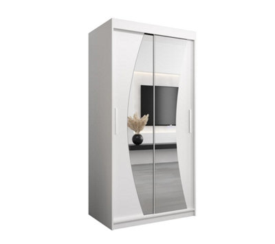 Wave Contemporary 2 Mirrored Sliding Door Wardrobe 5 Shelves 2 Rails White Matt (H)2000mm (W)1000mm (D)620mm