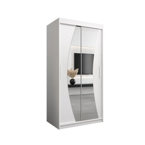 Wave Contemporary 2 Mirrored Sliding Door Wardrobe 5 Shelves 2 Rails White Matt (H)2000mm (W)1000mm (D)620mm