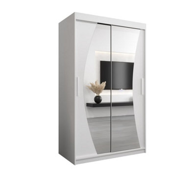 Wave Contemporary 2 Mirrored Sliding Door Wardrobe 5 Shelves 2 Rails White Matt (H)2000mm (W)1200mm (D)620mm