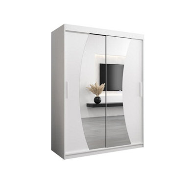 Wave Contemporary 2 Mirrored Sliding Door Wardrobe 5 Shelves 2 Rails White Matt (H)2000mm (W)1500mm (D)620mm