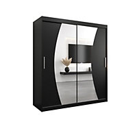 Wave Contemporary 2 Mirrored Sliding Door Wardrobe 9 Shelves 2 Rails Black Matt (H)2000mm (W)1800mm (D)620mm