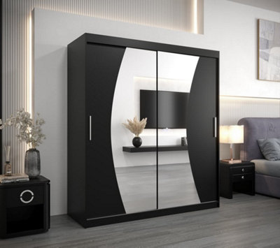 Wave Contemporary 2 Mirrored Sliding Door Wardrobe 9 Shelves 2 Rails Black Matt (H)2000mm (W)1800mm (D)620mm