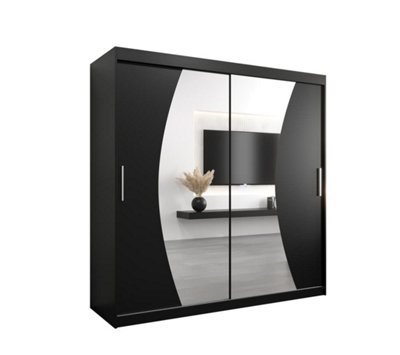 Wave Contemporary 2 Mirrored Sliding Door Wardrobe 9 Shelves 2 Rails Black Matt (H)2000mm (W)2000mm (D)620mm