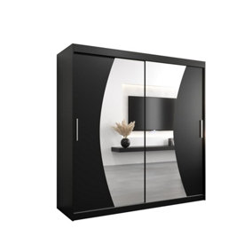Wave Contemporary 2 Mirrored Sliding Door Wardrobe 9 Shelves 2 Rails Black Matt (H)2000mm (W)2000mm (D)620mm