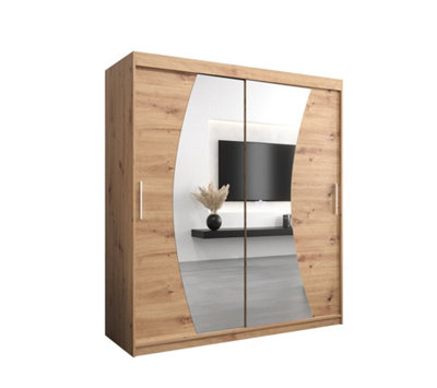 Wave Contemporary 2 Mirrored Sliding Door Wardrobe 9 Shelves 2 Rails Oak Artisan Effect (H)2000mm (W)1800mm (D)620mm