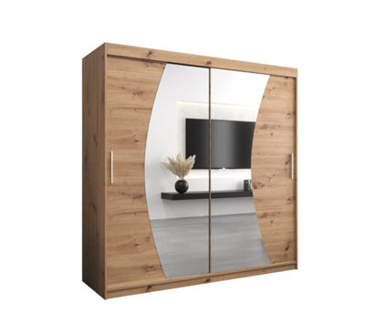 Wave Contemporary 2 Mirrored Sliding Door Wardrobe 9 Shelves 2 Rails Oak Artisan Effect (H)2000mm (W)2000mm (D)620mm