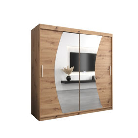 Wave Contemporary 2 Mirrored Sliding Door Wardrobe 9 Shelves 2 Rails Oak Artisan Effect (H)2000mm (W)2000mm (D)620mm